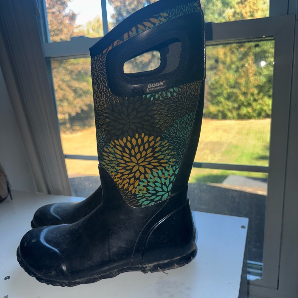 BOGS Black Boots with Colorful Floral Design